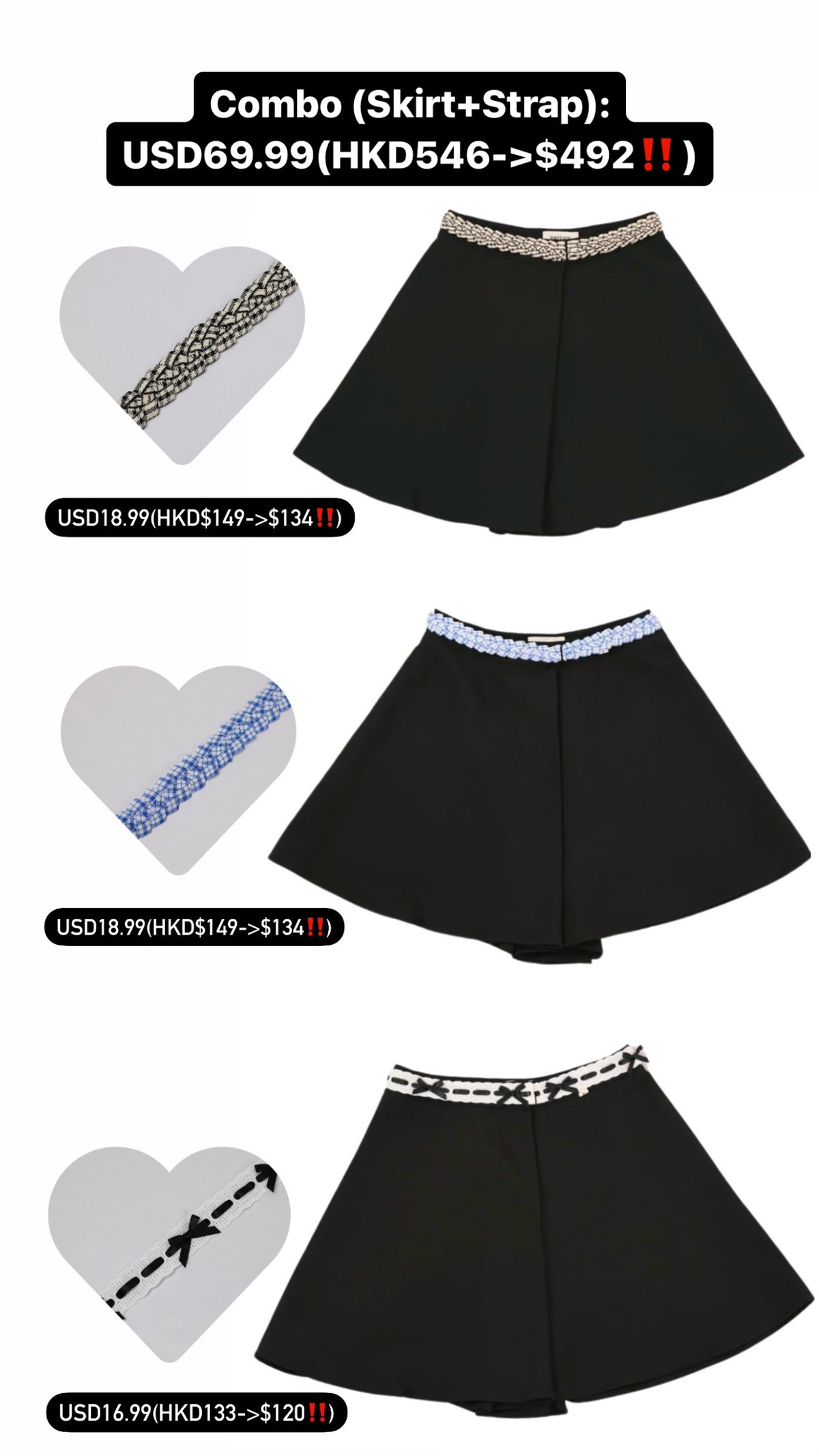 Patchy - White Mini Skort with Pale Blue Tweed Strap