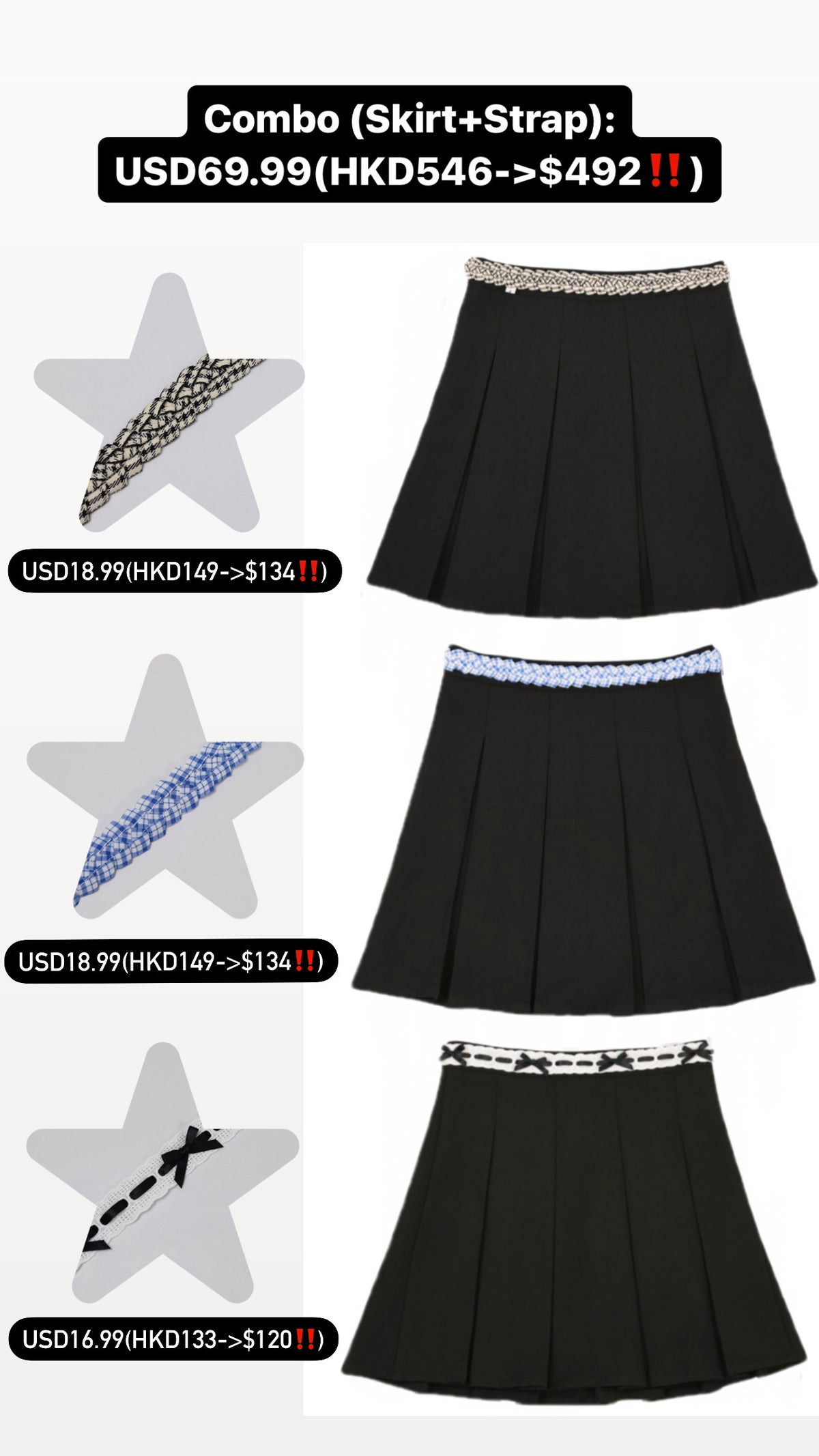 Patchy - White pleated Mini Skirt with Black and Beige Checked Strap