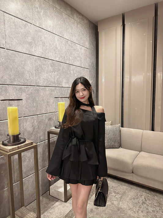 Satin sloping shoulder longline top with strap