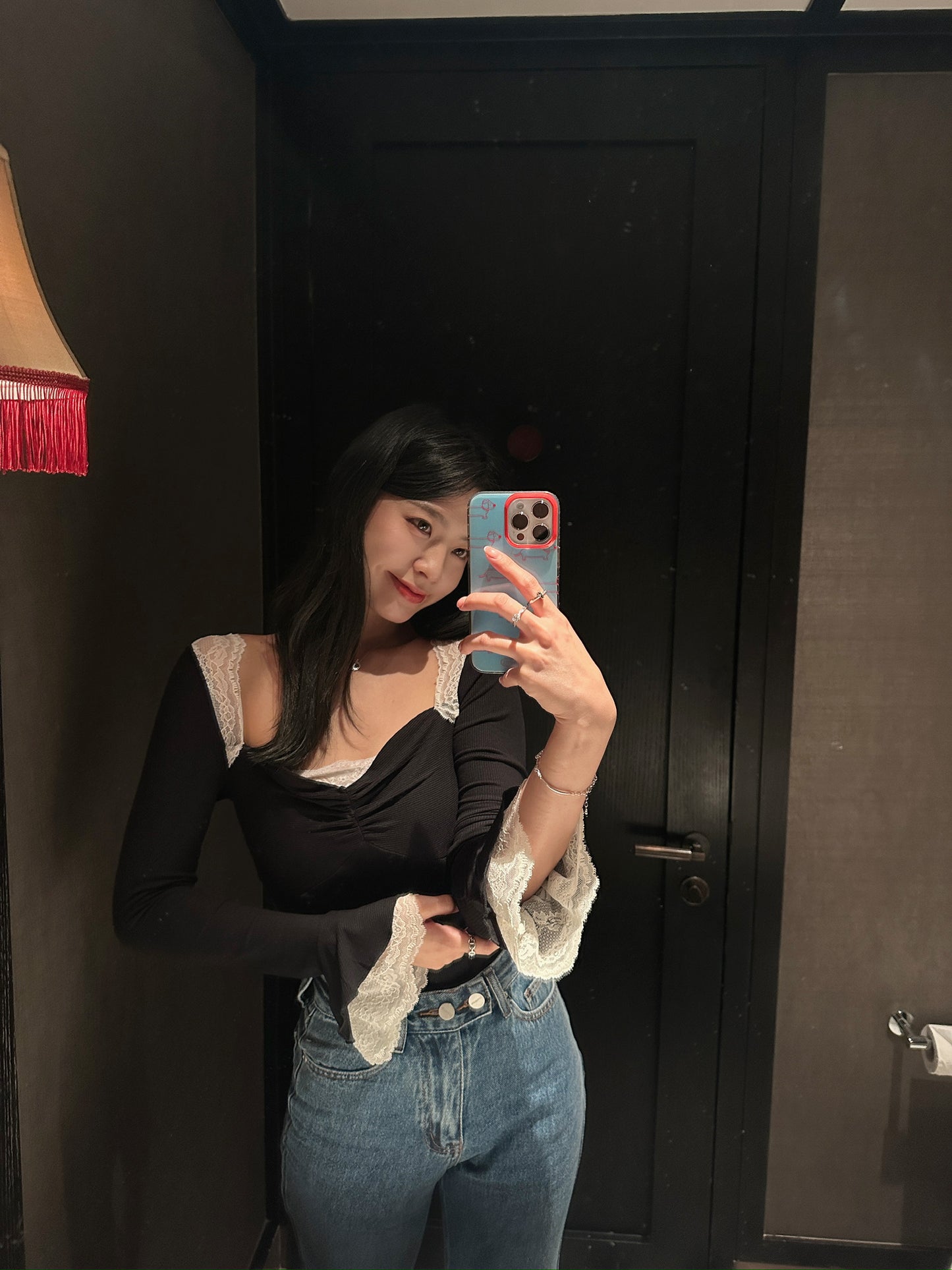 Black and white lace top with flared sleeves