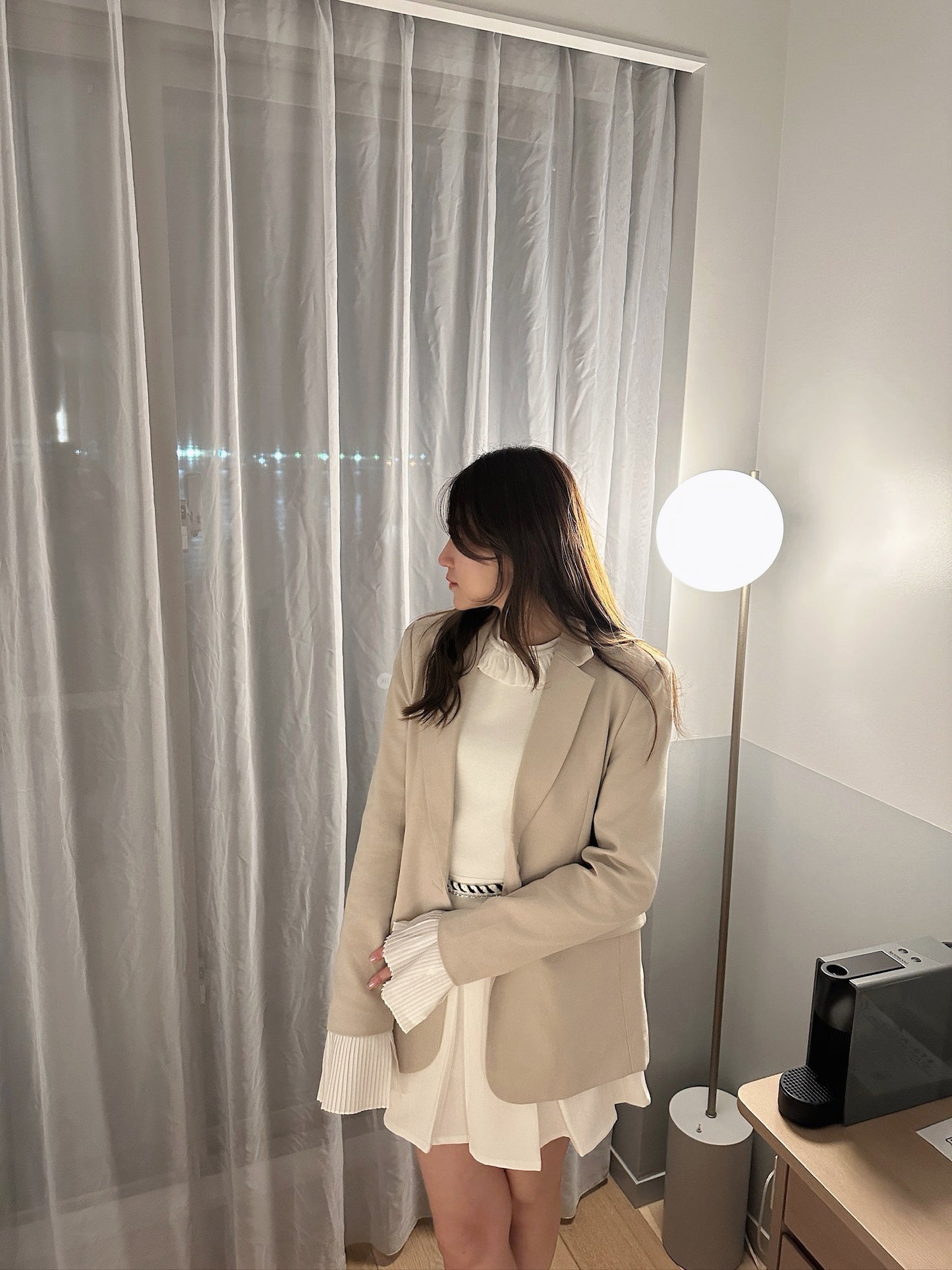 Patchy - Beige Blazer with White Pleated Sleeves