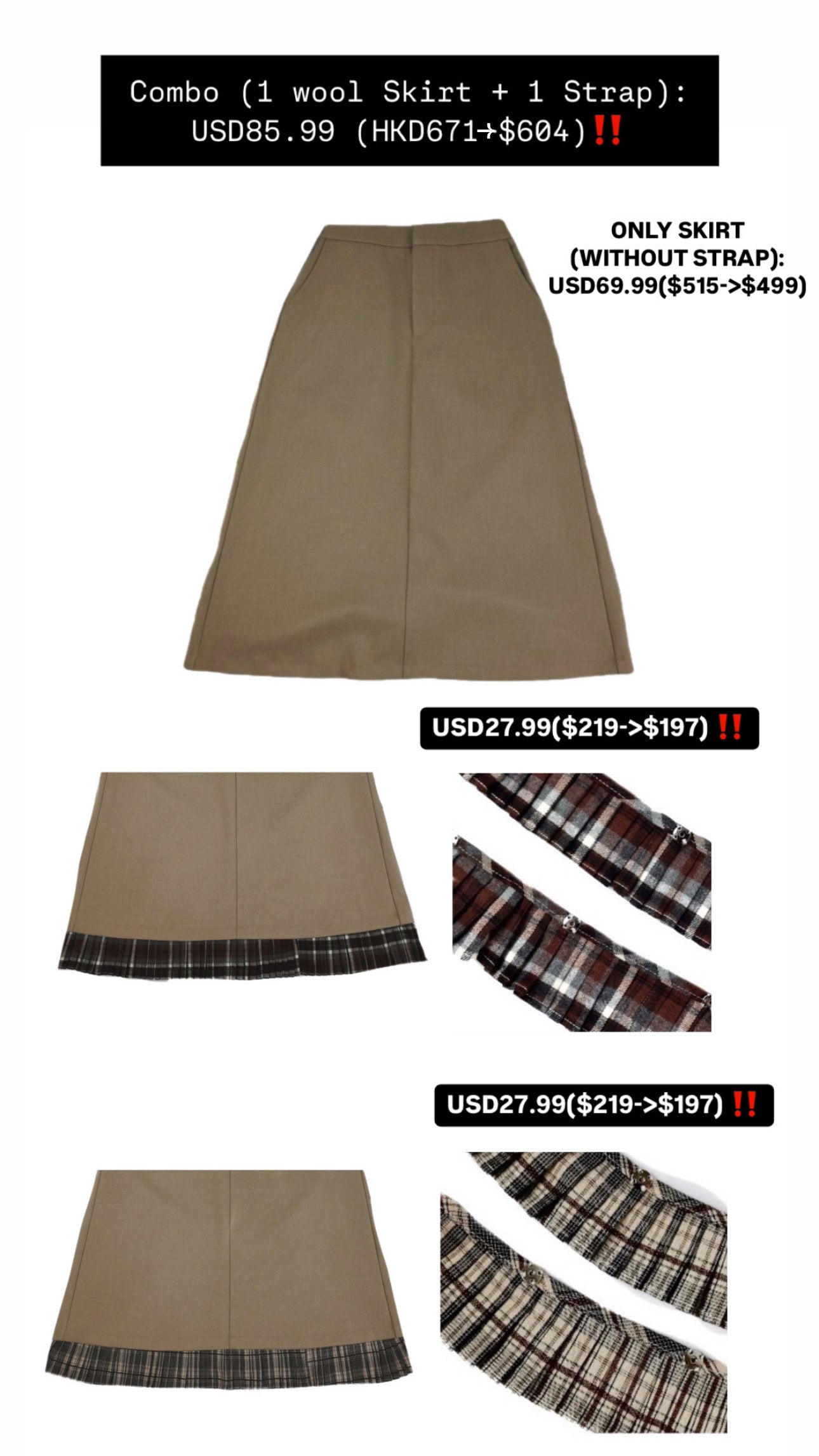 Patchy - Woolen Midi-skirt with Bubble Texture Trim