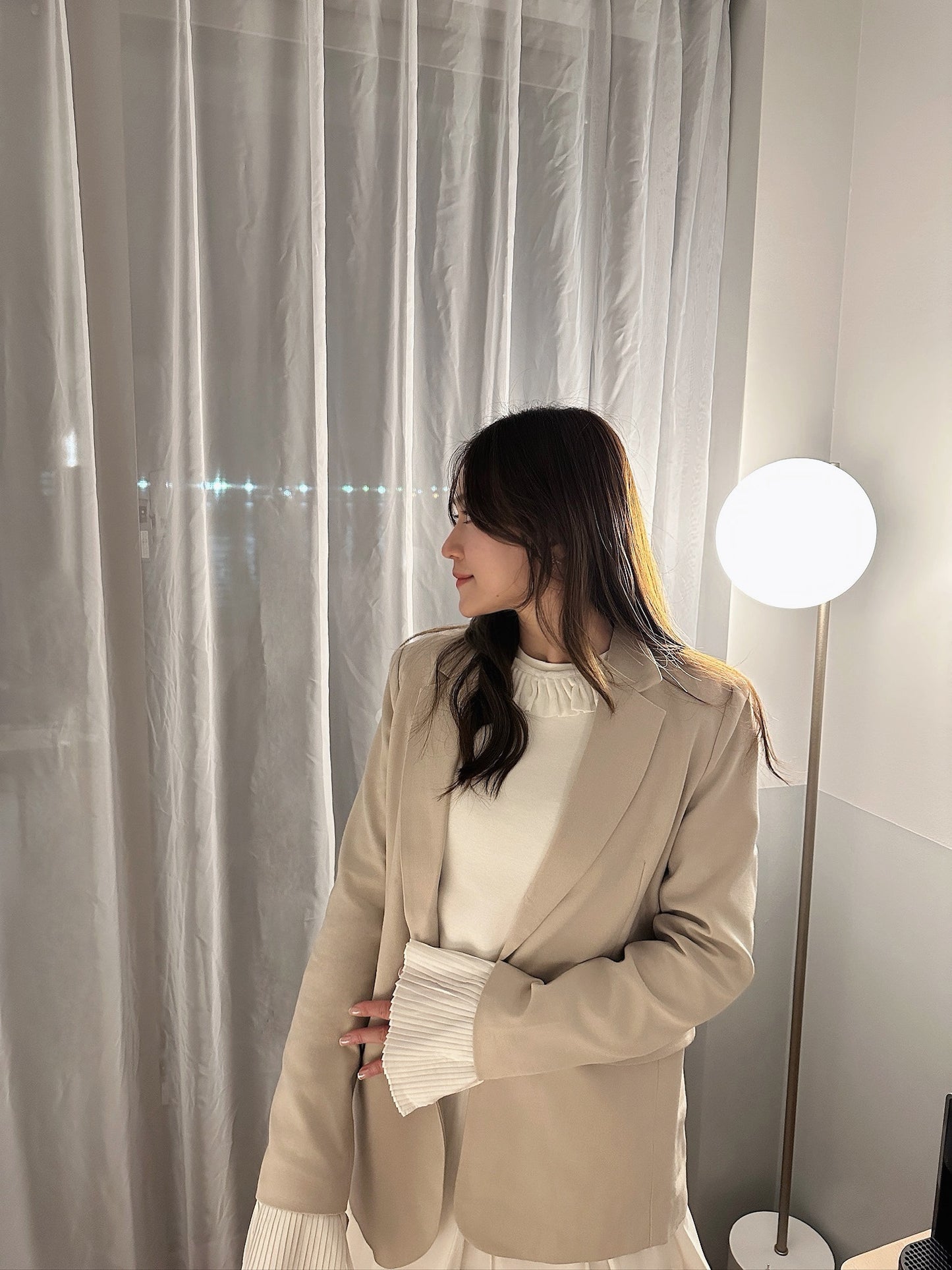 Patchy - Beige Blazer with White Pleated Sleeves