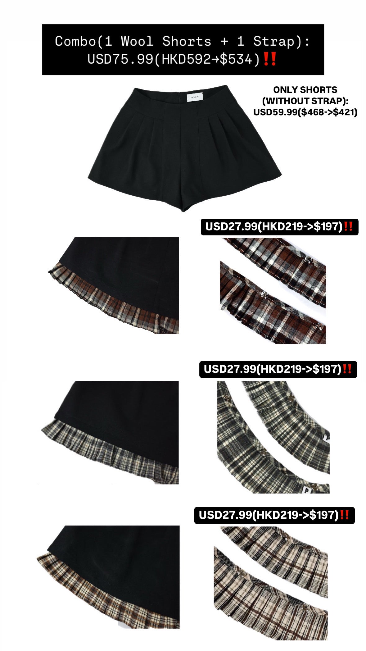 Patchy - Woolen A-Line Shorts with Brown Checked Strap
