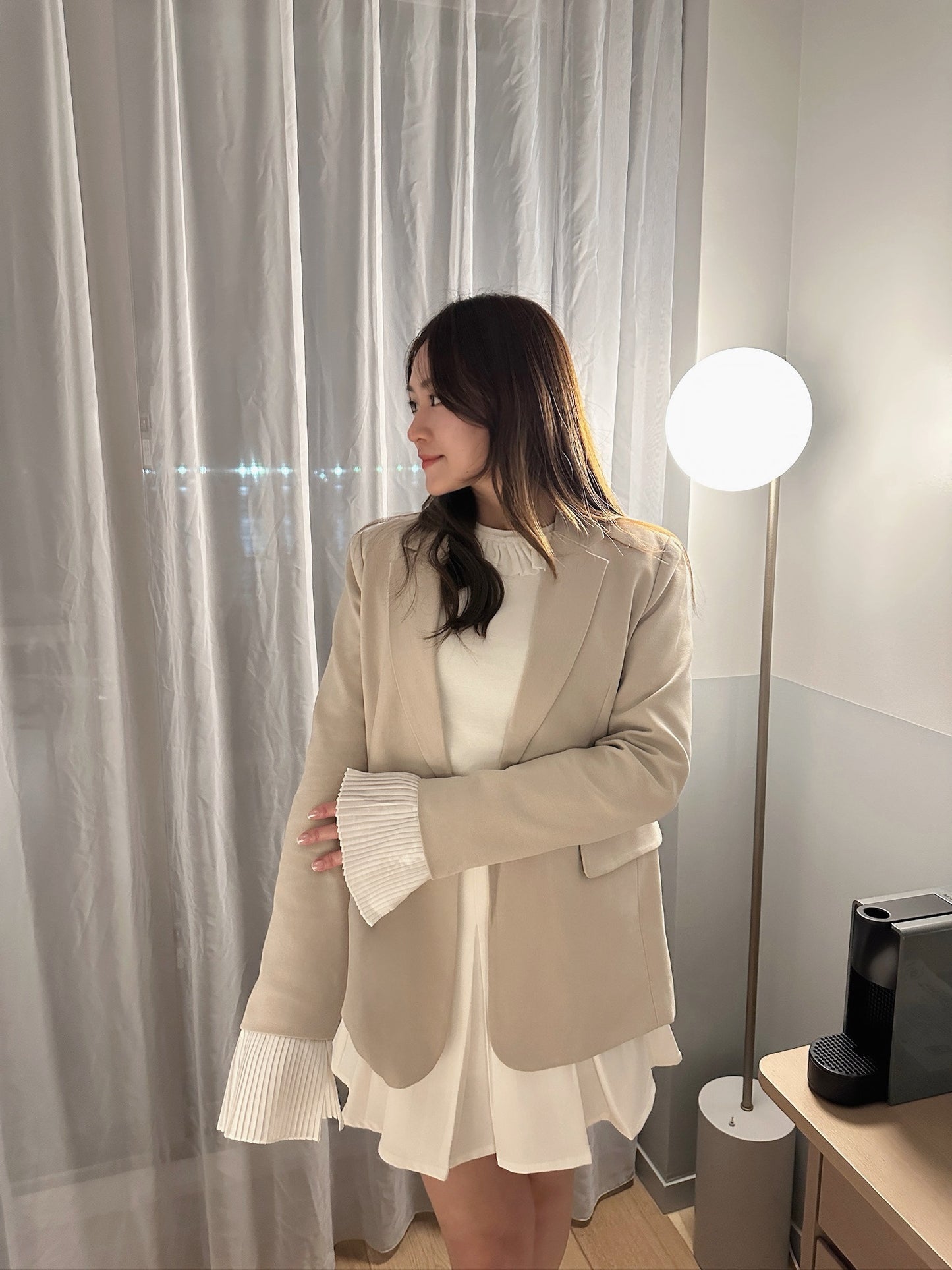 Patchy - Beige Blazer with White Pleated Sleeves