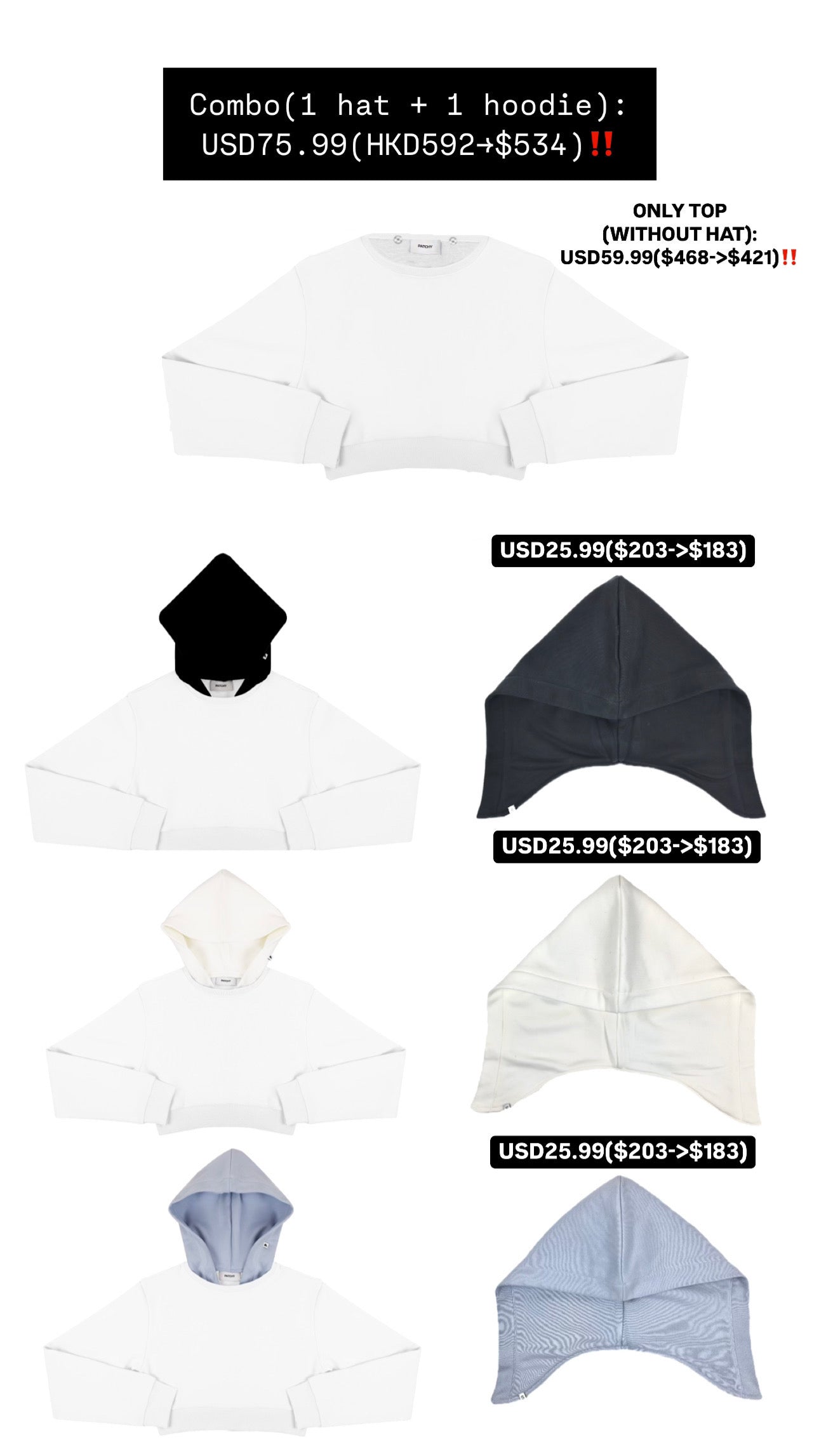 Patchy - Blue Cropped Hoodie with White Hat