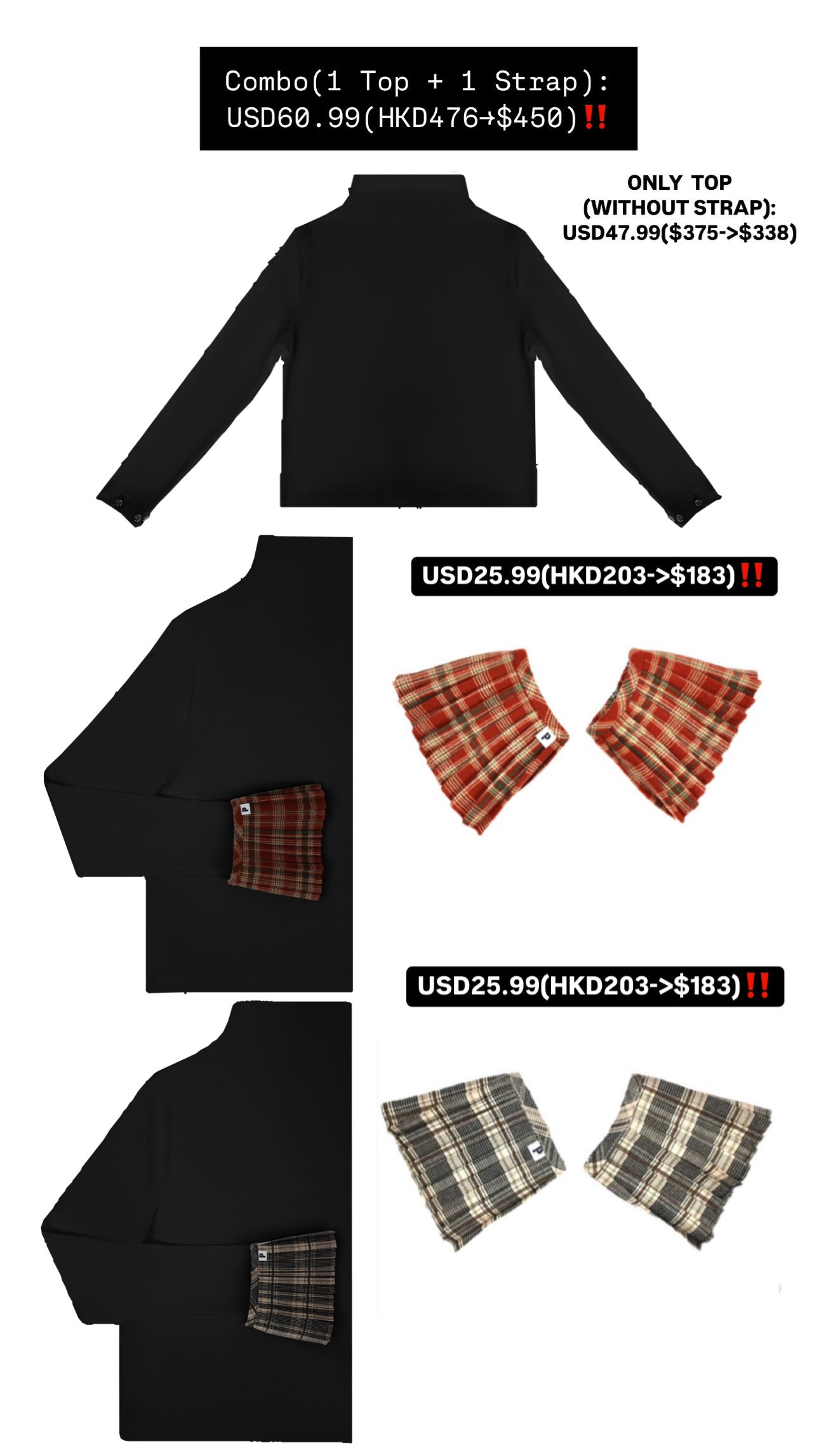 Patchy - Mock-neck Knit Long-sleeve Top with Brown Checked Trim