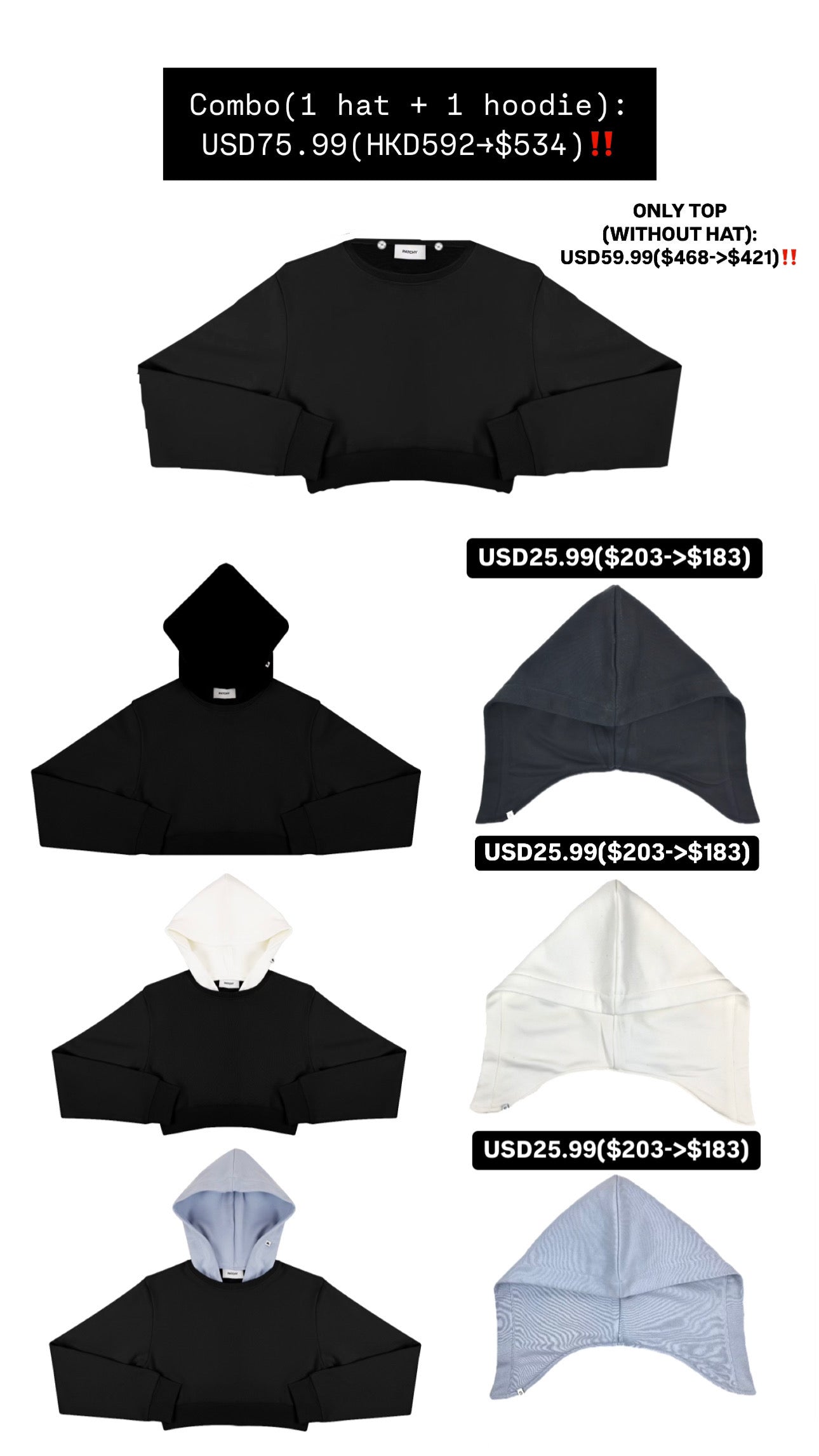 Patchy - White Cropped Hoodie with Black Hat
