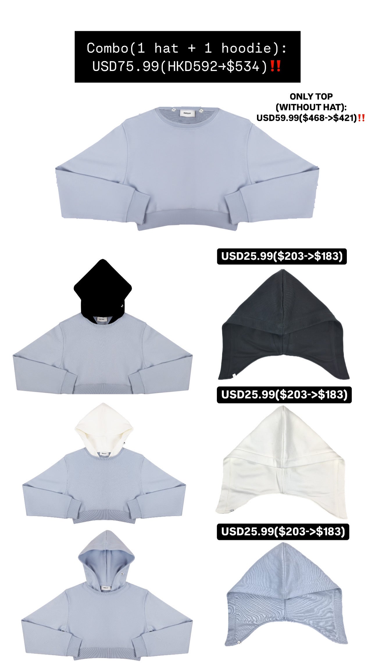 Patchy - Blue Cropped Hoodie with White Hat