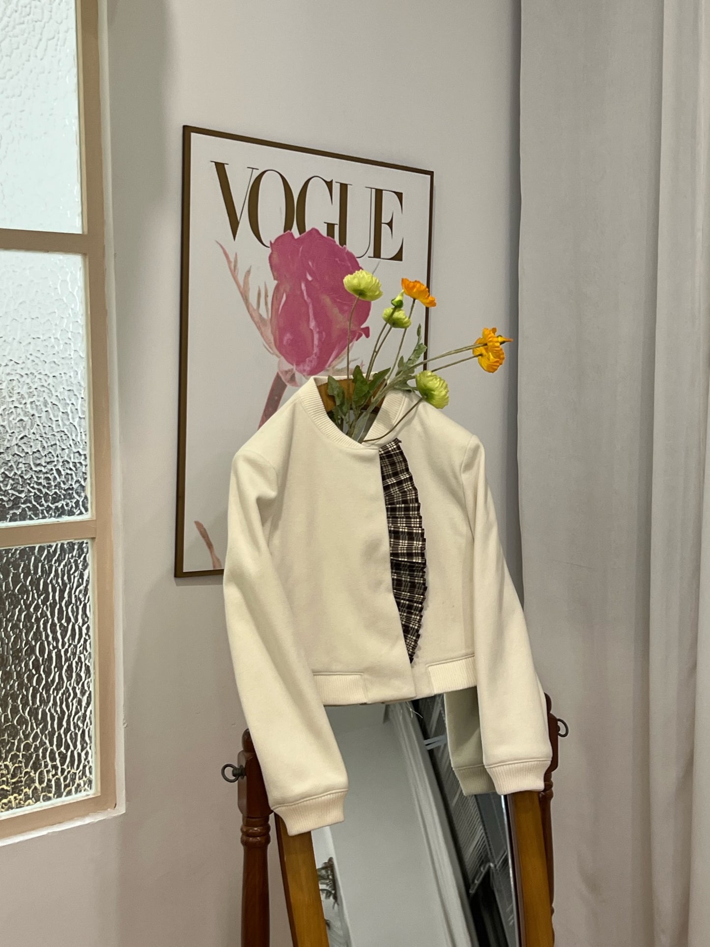 Patchy - Beige Suede Bomber Jacket with Pleated Brown Checked Trim