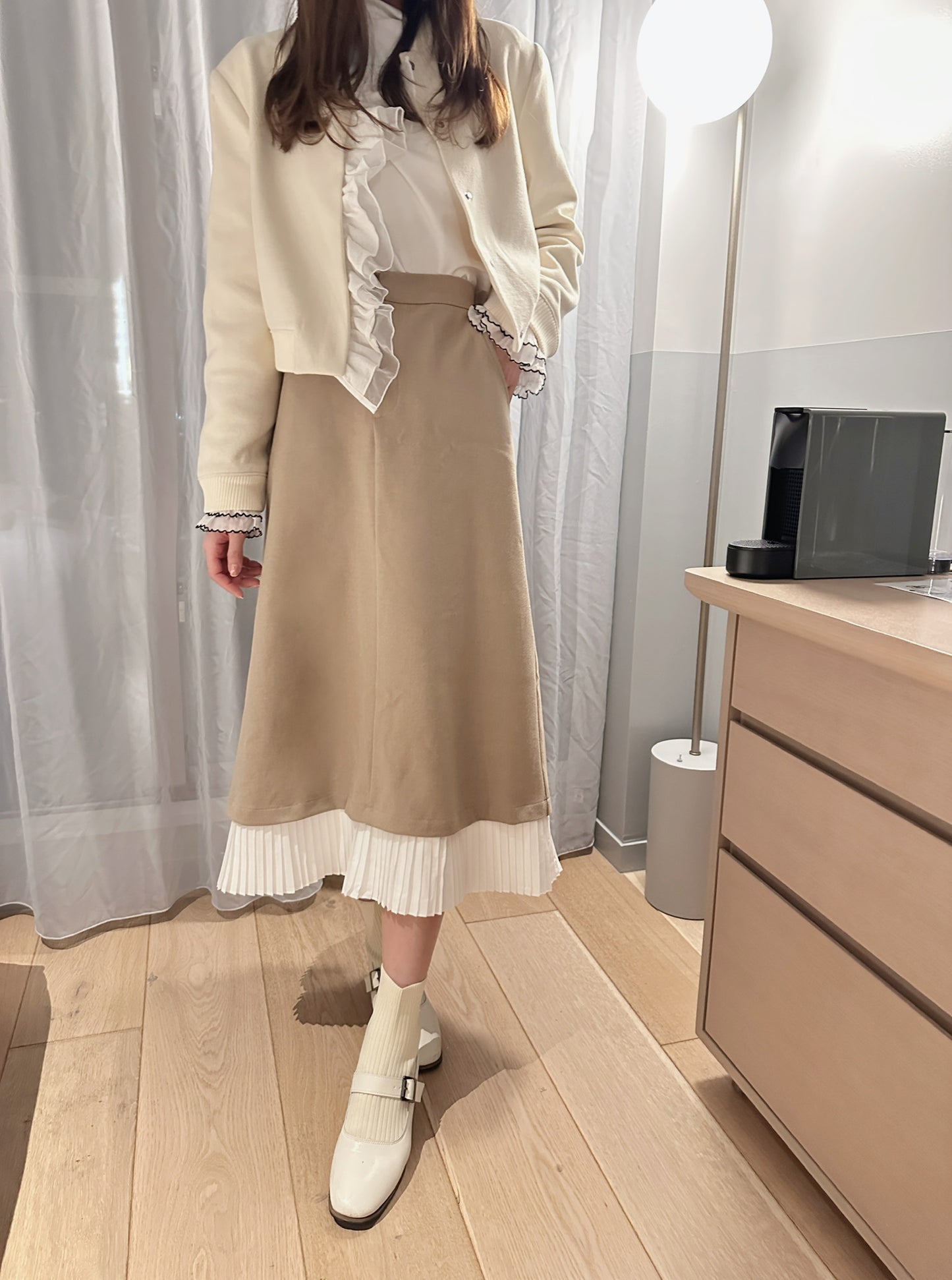 Patchy - Mock-neck Knit Long-sleeve Top with Waved Chiffon Trim
