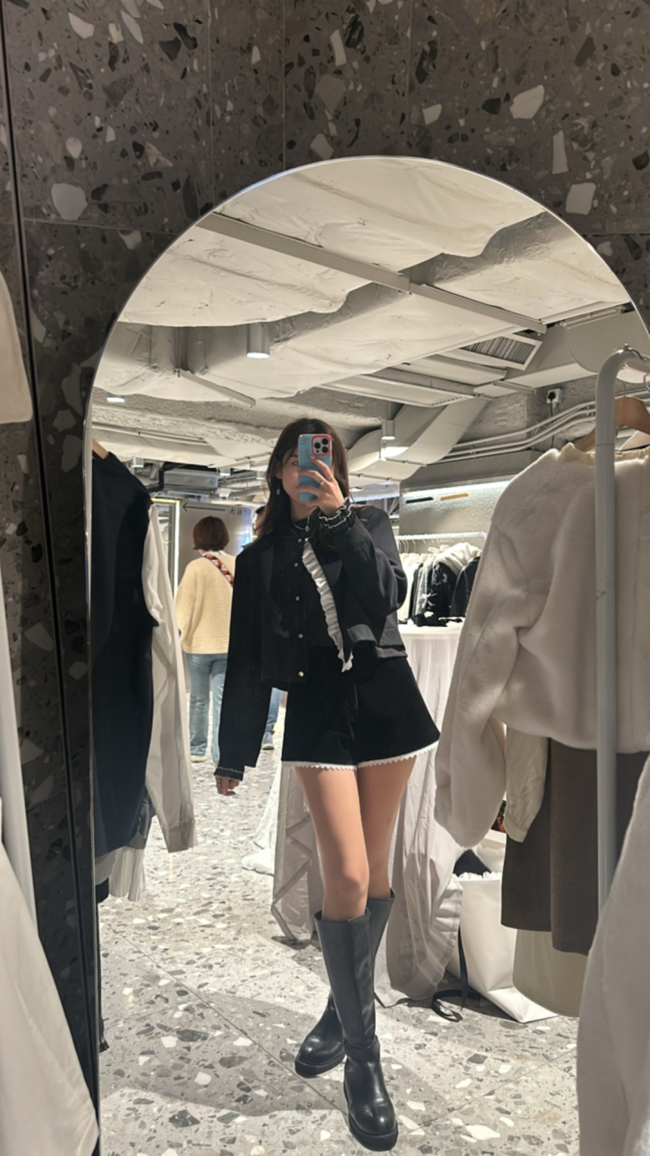 Patchy - Mock-neck Knit Long-sleeve Top with Waved Chiffon Trim