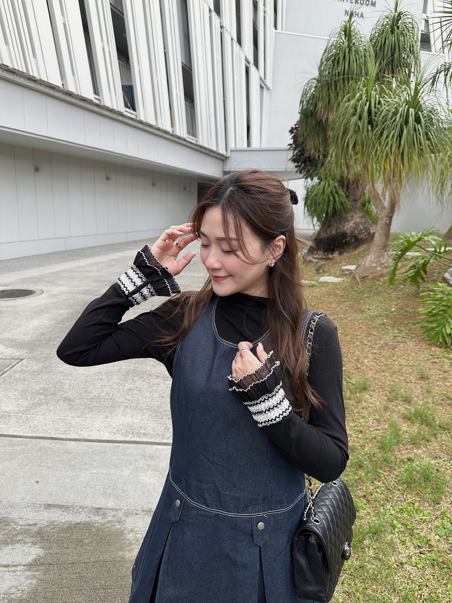Patchy - Mock-neck Knit Long-sleeve Top with Waved Chiffon Trim