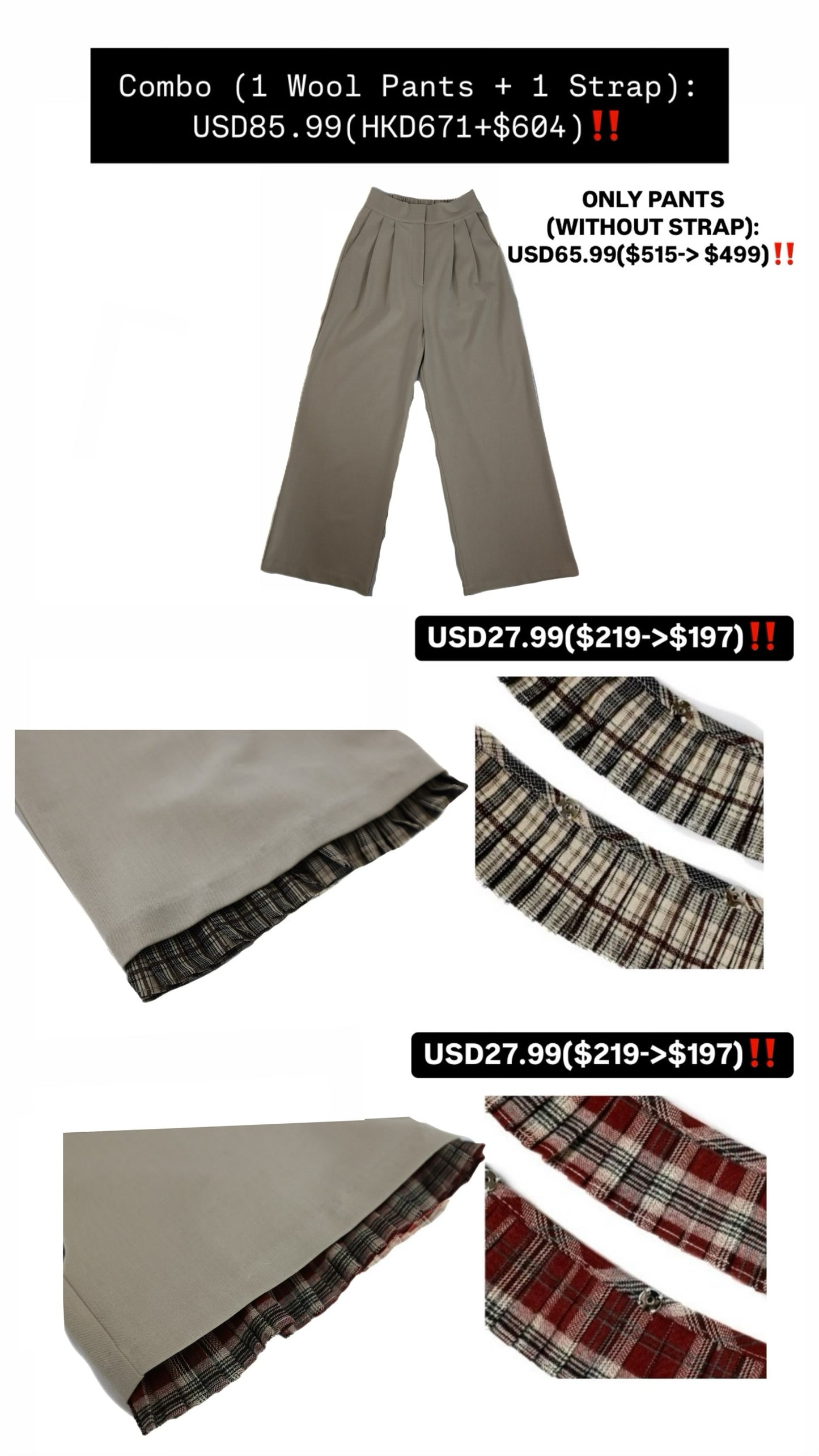 Patchy - Woolen Wide-Leg Pants with Burgundy Checked Trim