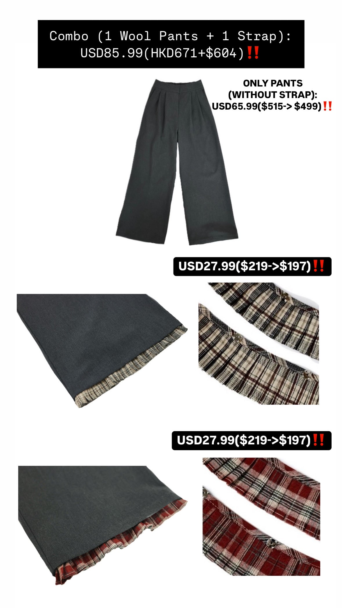 Patchy - Woolen Wide-Leg Pants with Burgundy Checked Trim