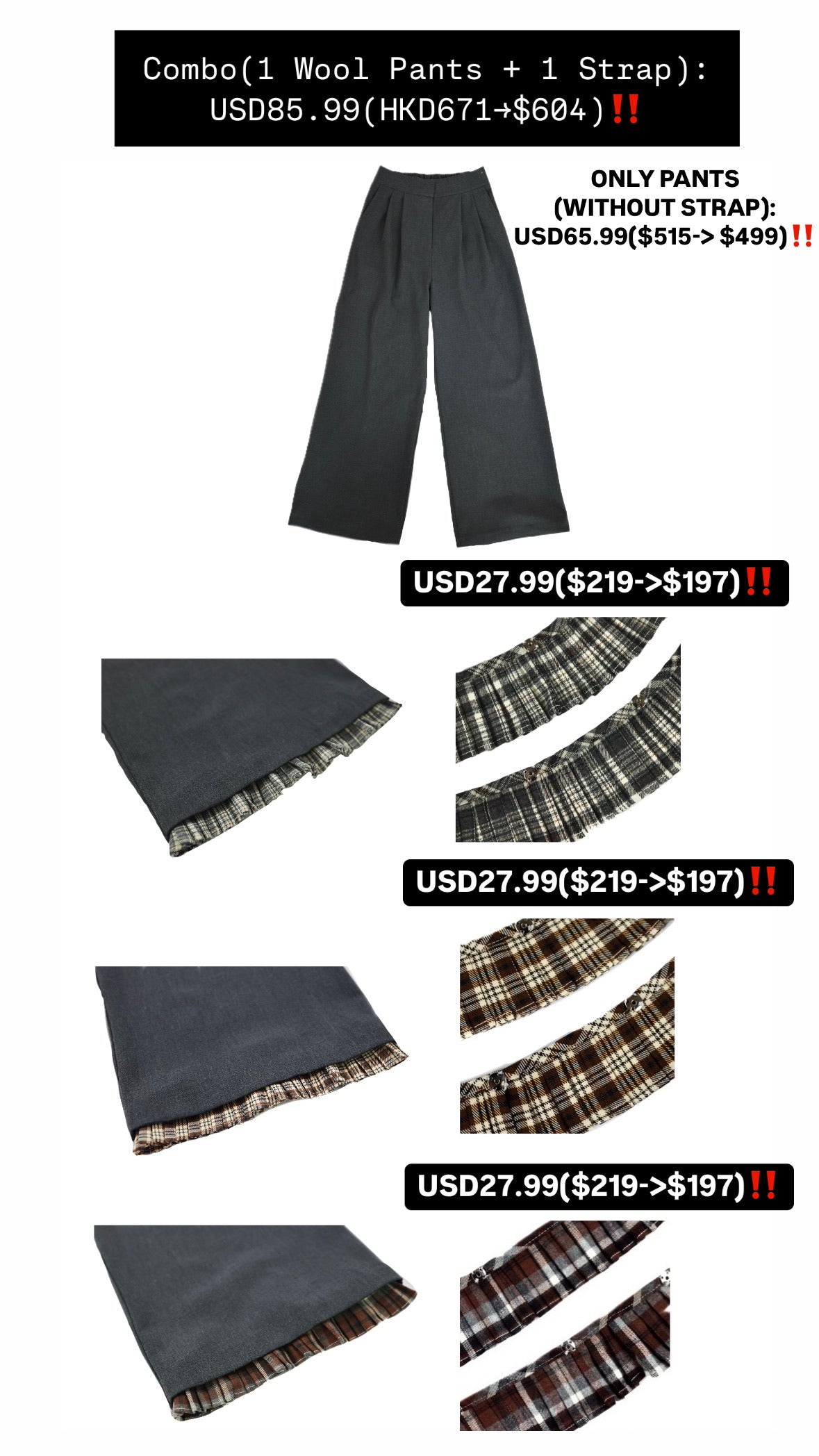 Patchy - Woolen Wide-Leg Pants with Grey Checked Trim