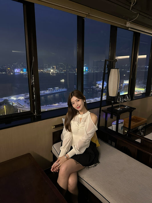 Chiffon-knit spliced off shoulder top