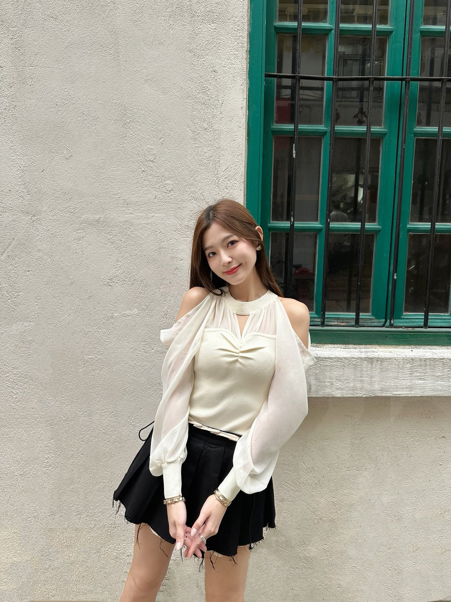 Chiffon-knit spliced off shoulder top