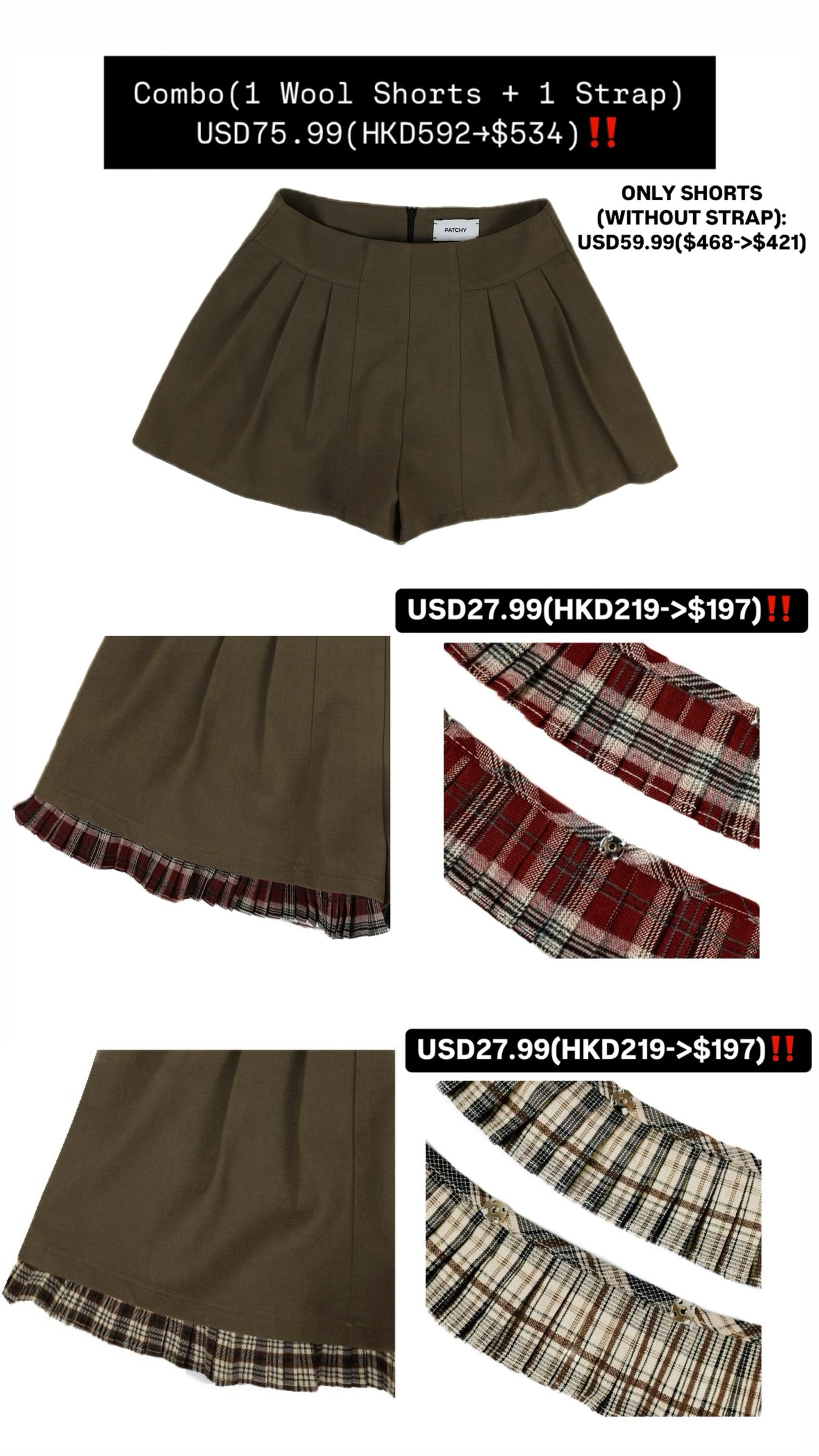 Patchy - Woolen Shorts with Burgundy Checked Trim