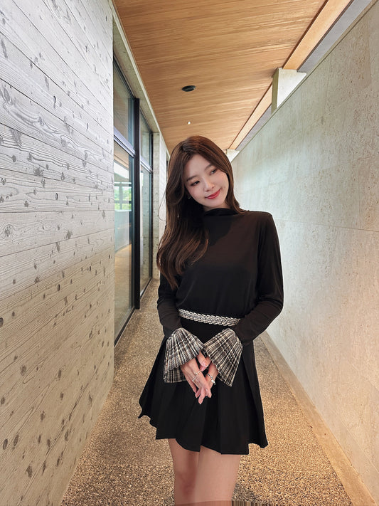 Patchy - Mock-neck Knit Long-sleeve Top with Campus Style Checked Trim