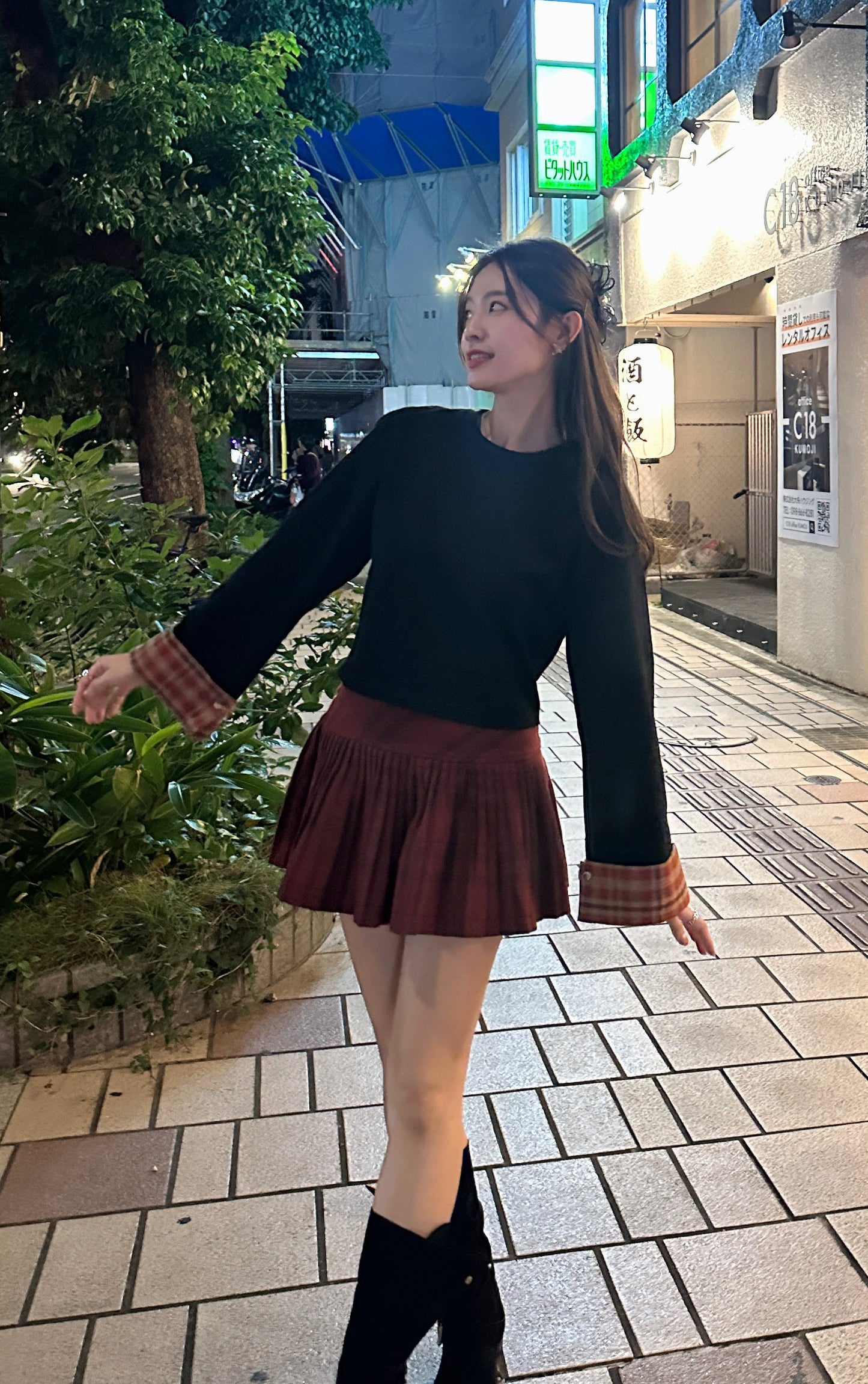 Patchy - Black  Oversized T-shirt with Red Checked Flare Sleeves