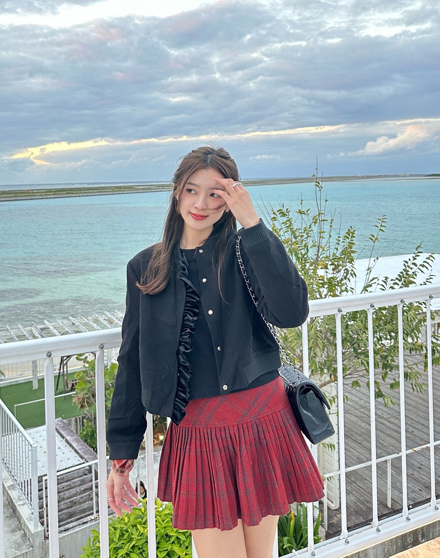 Patchy - Black Suede Bomber Jacket with Velvet Ruffle Trim