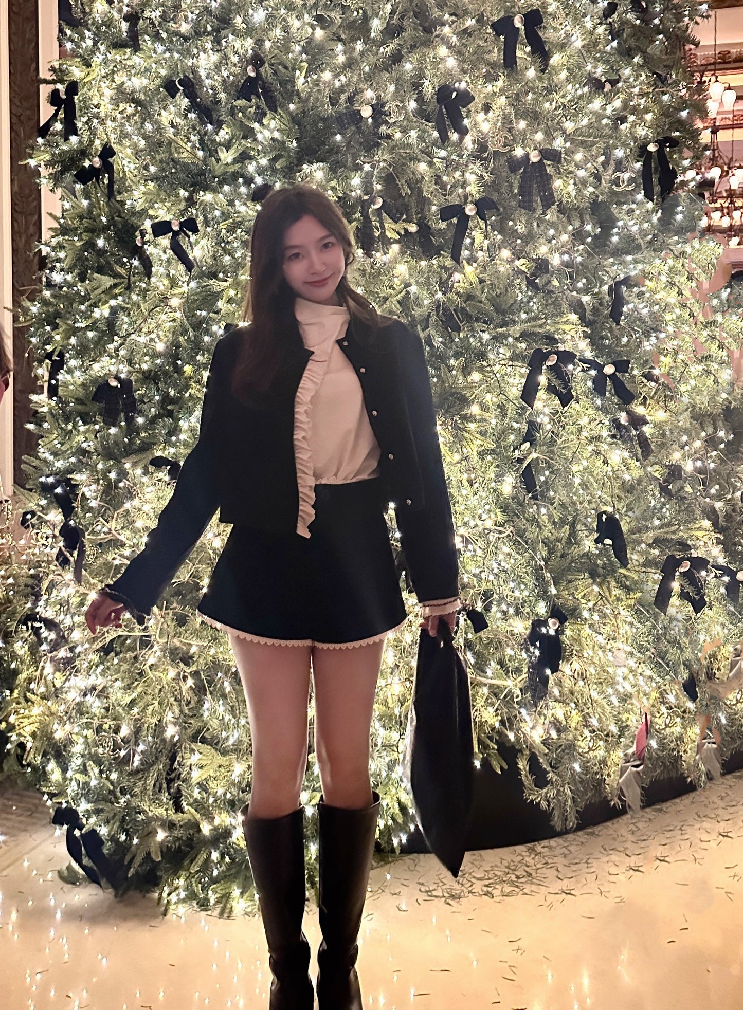 Patchy - Black Suede Bomber Jacket with Velvet Ruffle Trim