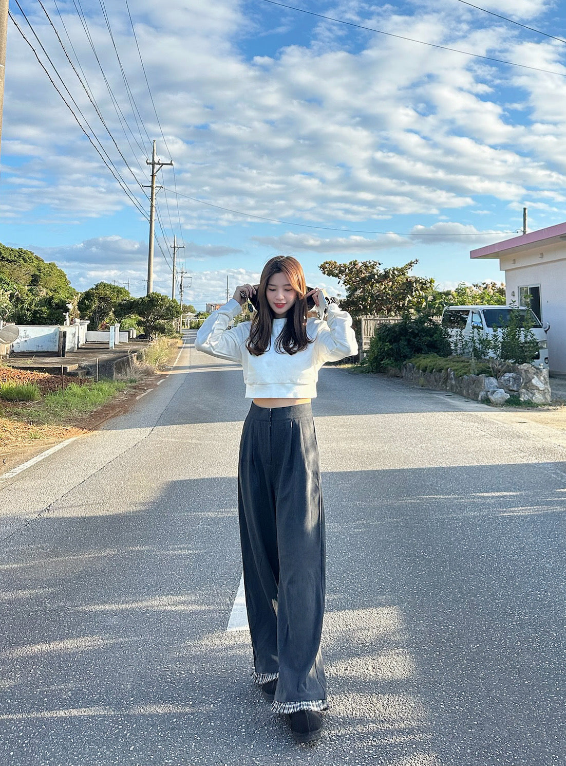 Patchy - Woolen Wide-Leg Pants with Grey Checked Trim