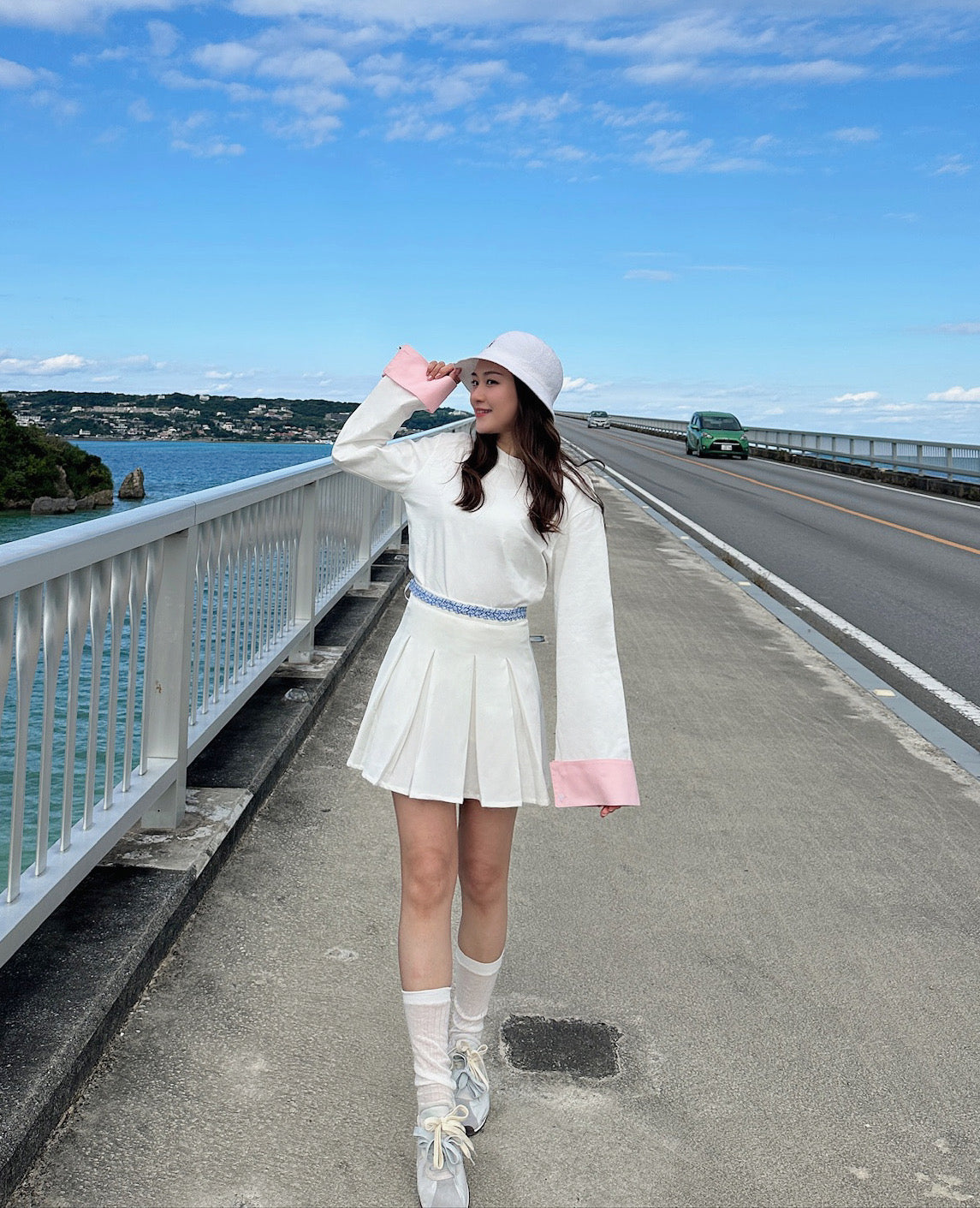 Patchy - White Pleated Mini Skirt with Blue and White Plaid Twisted Strap