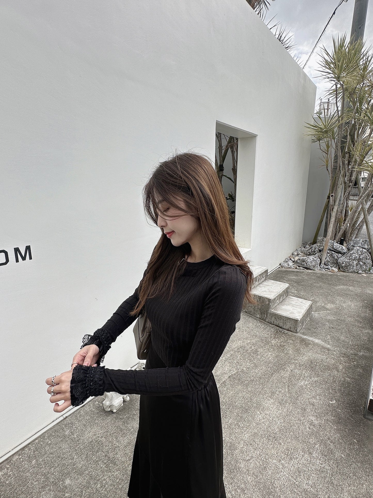 Patchy - Black Ribbed Long-sleeve Top with Black Sheer Pleated Sleeves