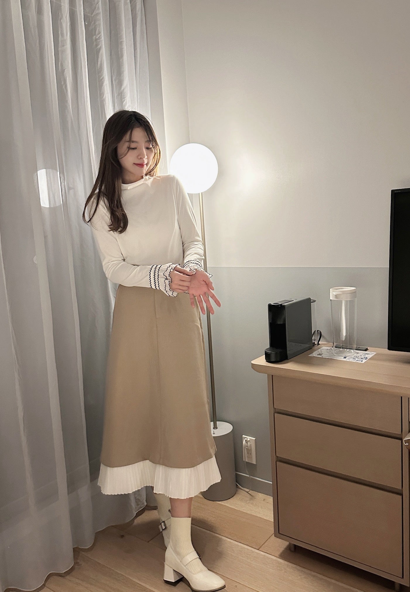 Patchy - Mock-neck Knit Long-sleeve Top with Waved Chiffon Trim